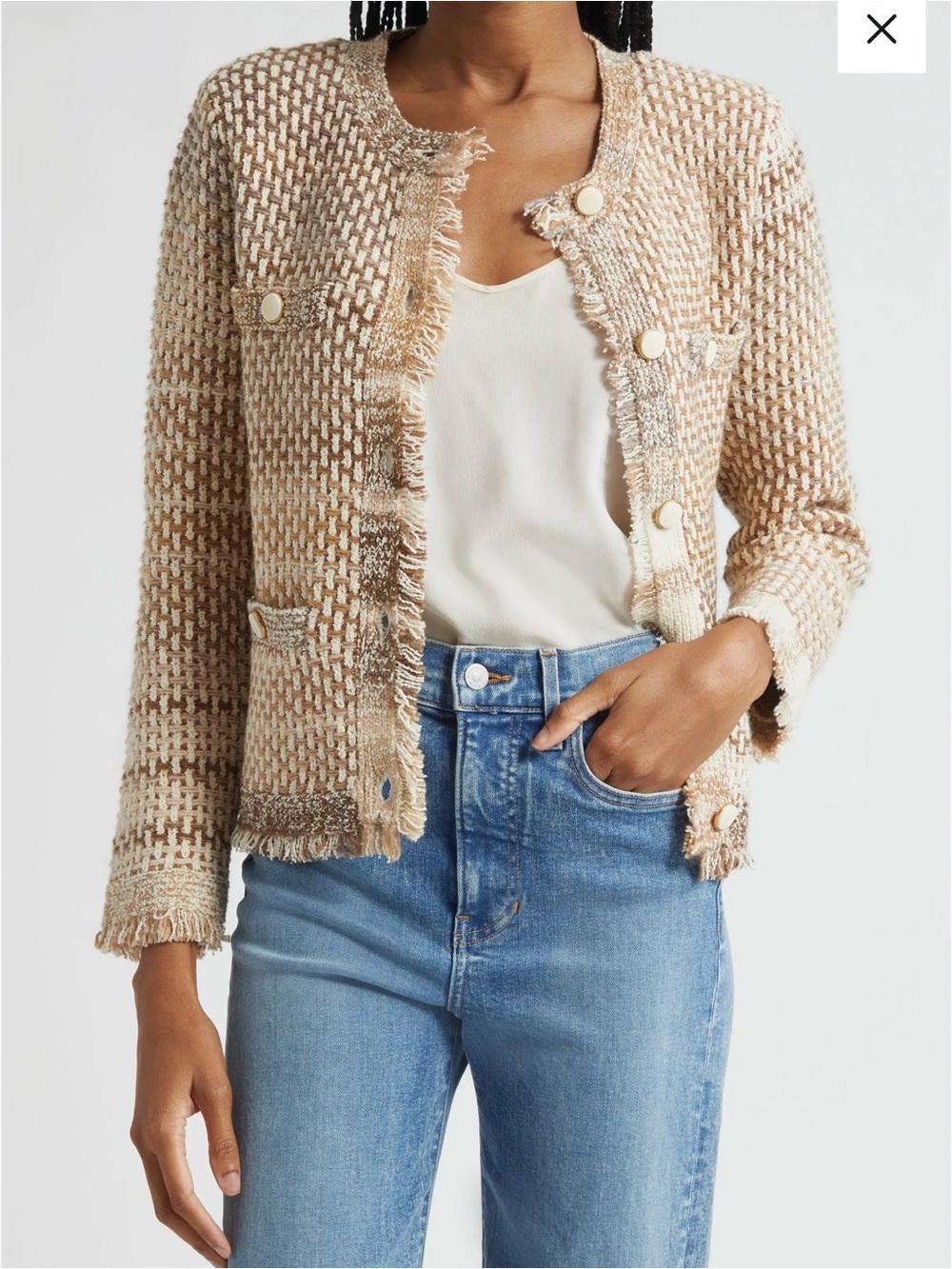 Veronica Beard Beige and Cream Tweed Fringed Jacket